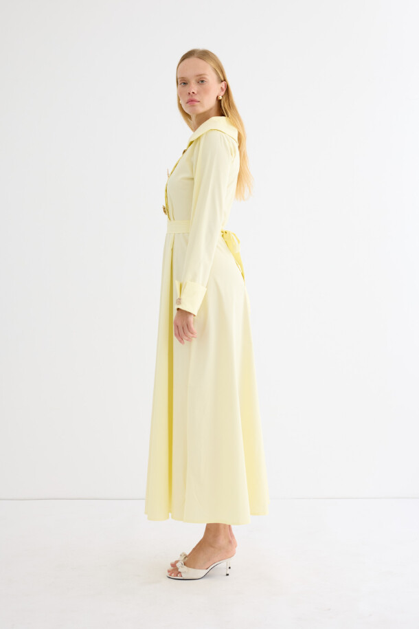 Broş Detaylı Asimetrik Yaka Poplin Elbise Soft Sarı - 7