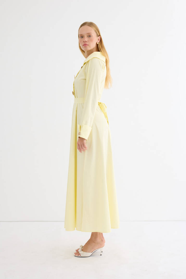 Broş Detaylı Asimetrik Yaka Poplin Elbise Soft Sarı - 7