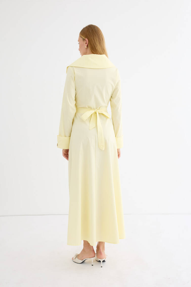 Broş Detaylı Asimetrik Yaka Poplin Elbise Soft Sarı - 9