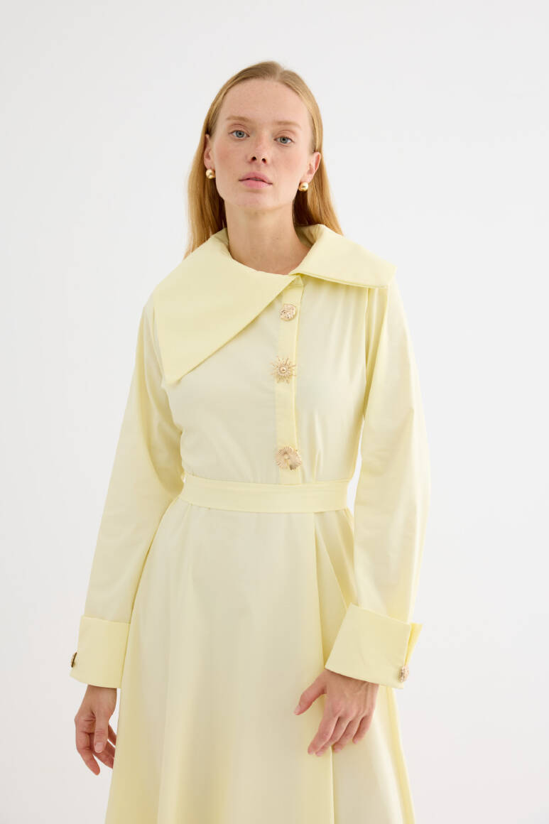Broş Detaylı Asimetrik Yaka Poplin Elbise Soft Sarı - 6