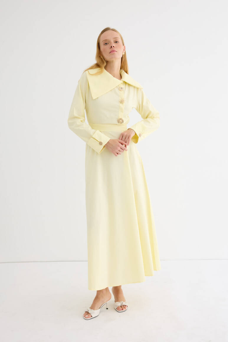 Broş Detaylı Asimetrik Yaka Poplin Elbise Soft Sarı - 2