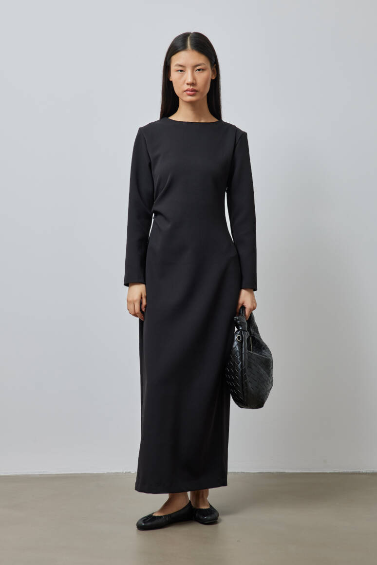 Büzgü Detaylı Premium Elbise Siyah - EMNORA