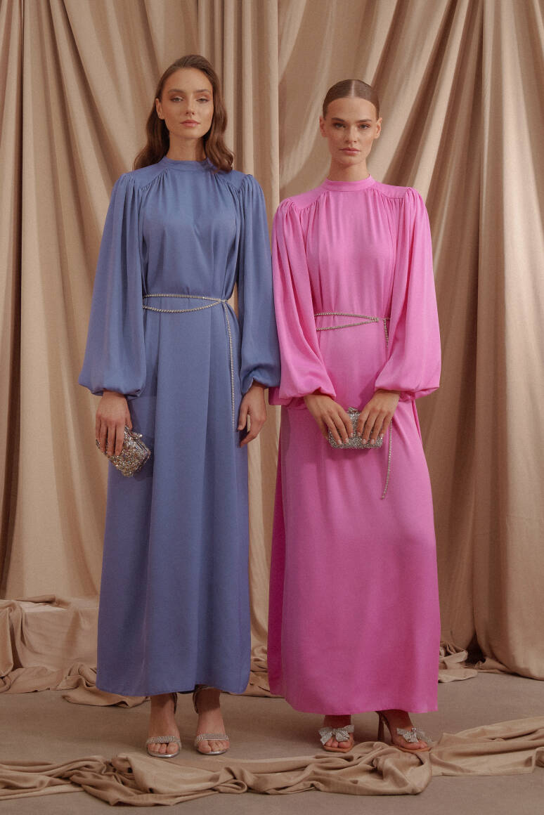 Büzgülü Balon Kol Saten Abiye Elbise Pembe - EMNORA