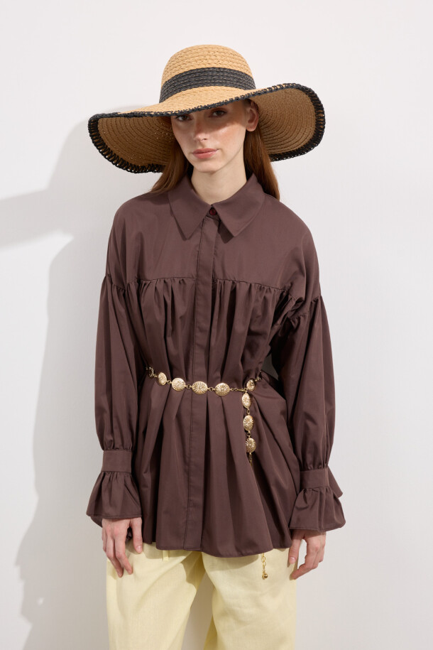 Büzgülü Poplin Gömlek Acı Kahve - EMNORA