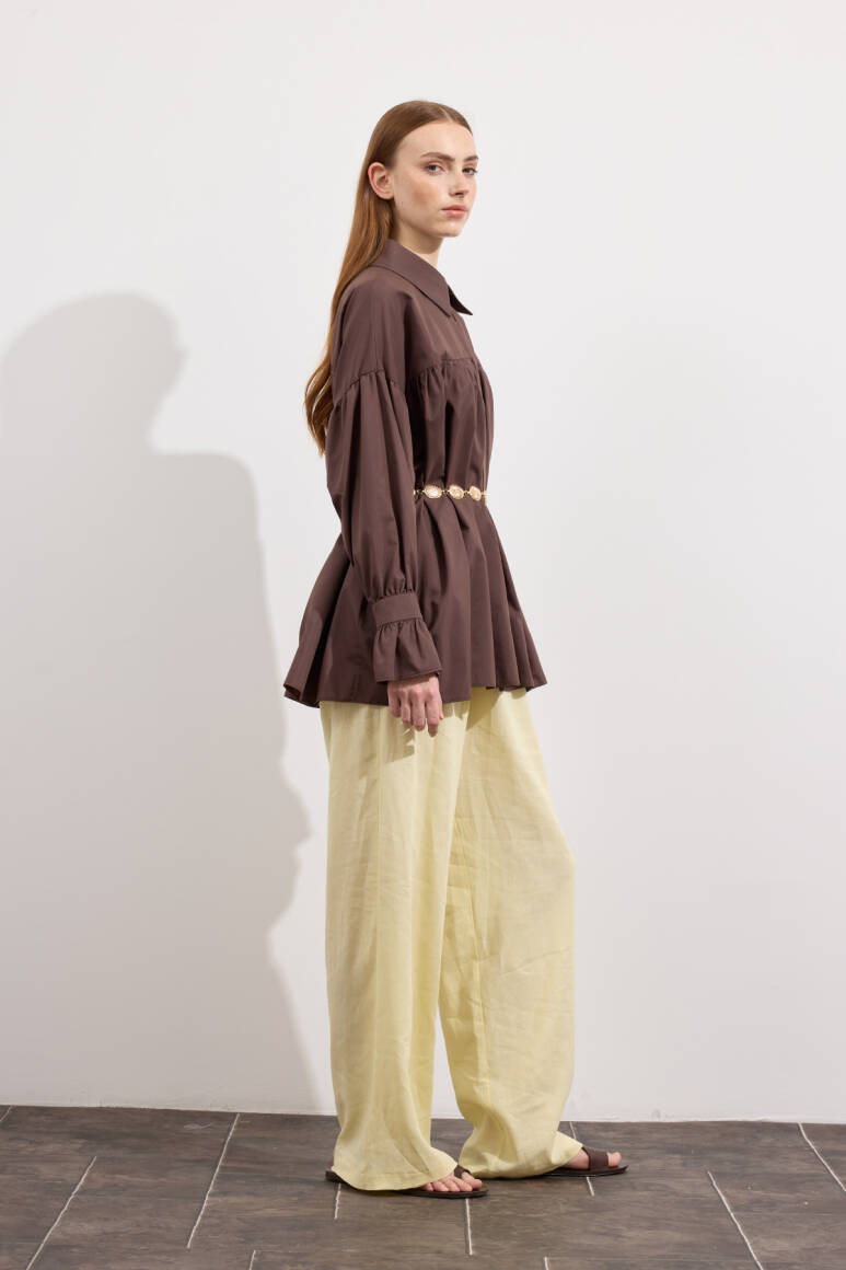 Büzgülü Poplin Gömlek Acı Kahve - 9