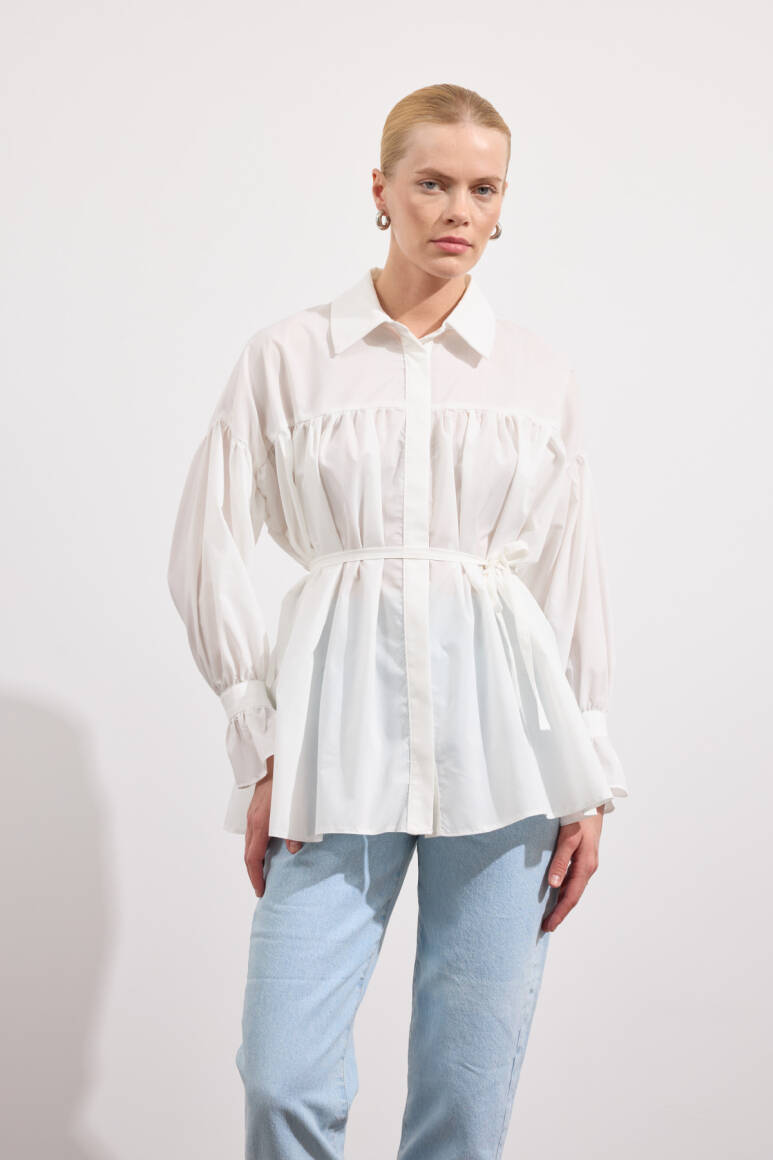 Büzgülü Poplin Gömlek Beyaz - EMNORA