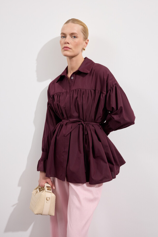 Büzgülü Poplin Gömlek Burgonya - EMNORA