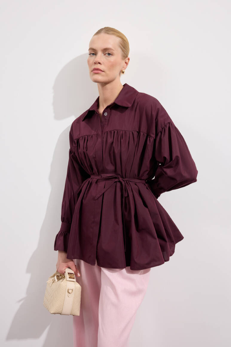 Büzgülü Poplin Gömlek Burgonya - EMNORA