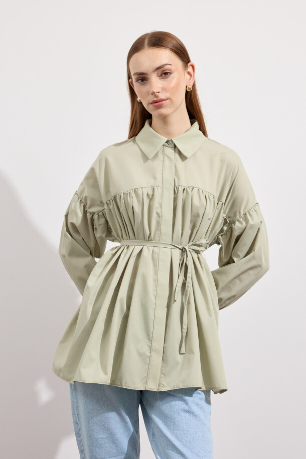 Büzgülü Poplin Gömlek Çağla Yeşili - EMNORA