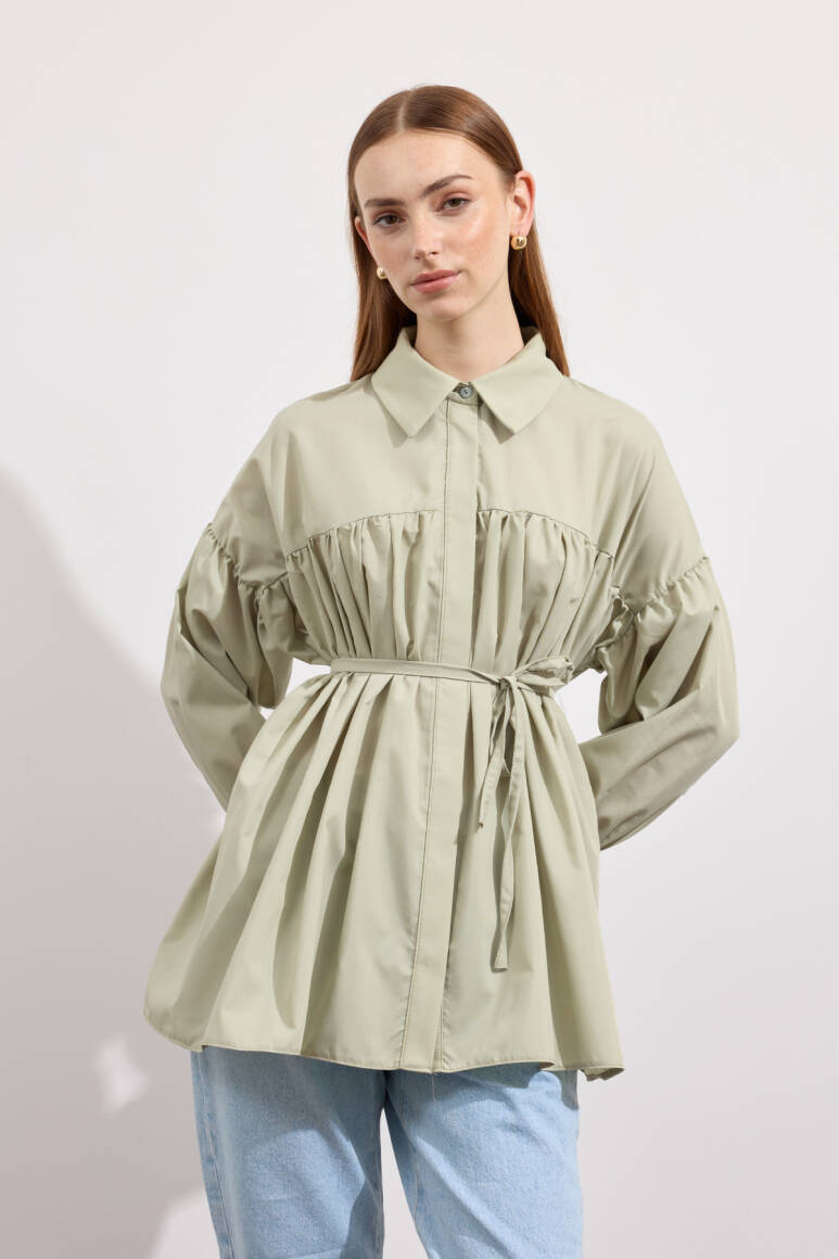 Büzgülü Poplin Gömlek Çağla Yeşili - EMNORA