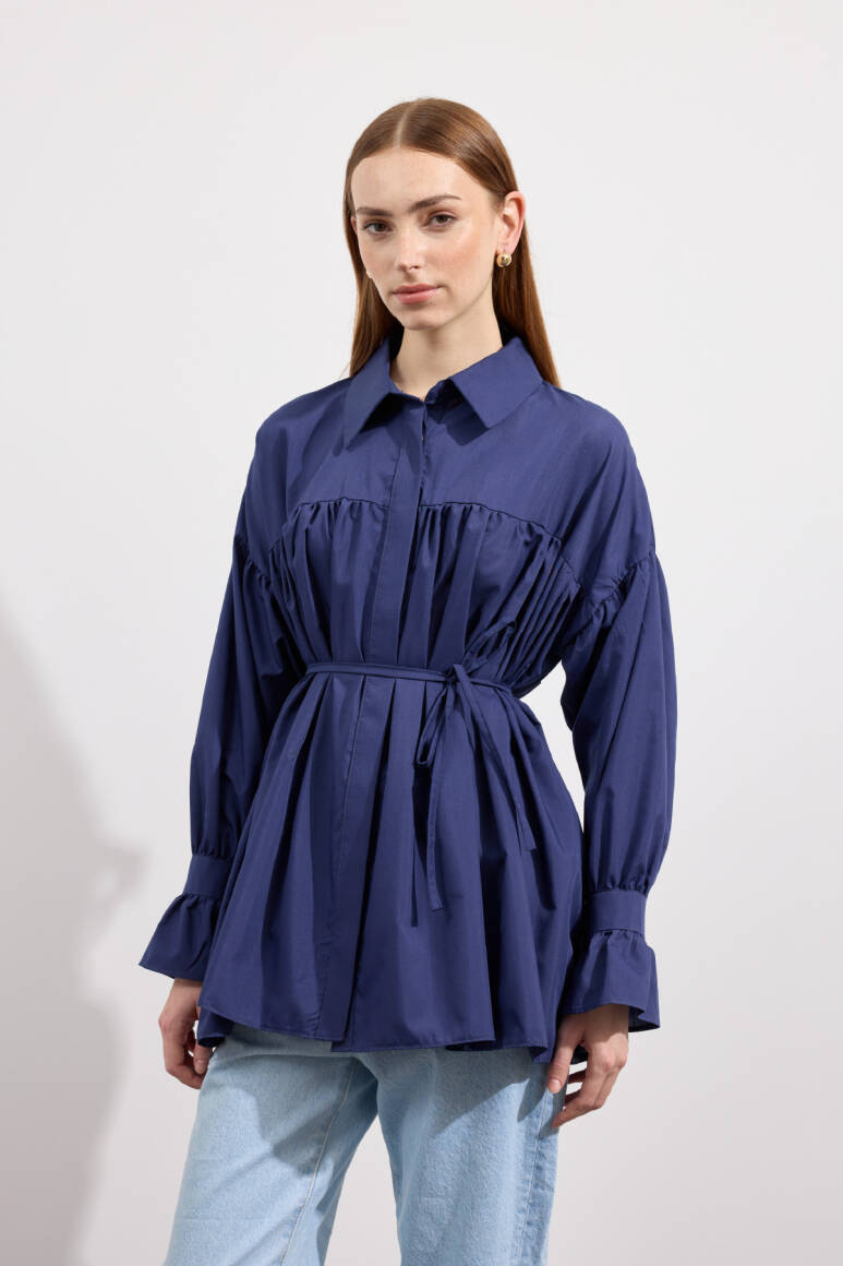 Büzgülü Poplin Gömlek Lacivert - EMNORA