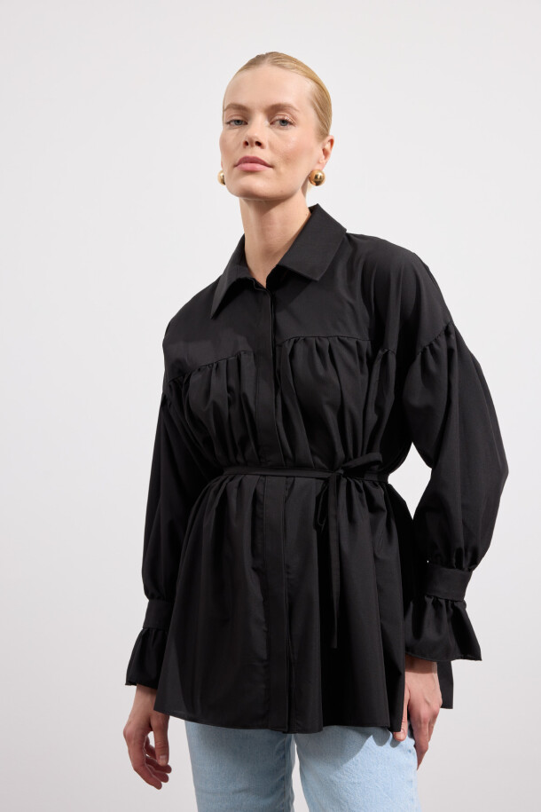 Büzgülü Poplin Gömlek Siyah - EMNORA