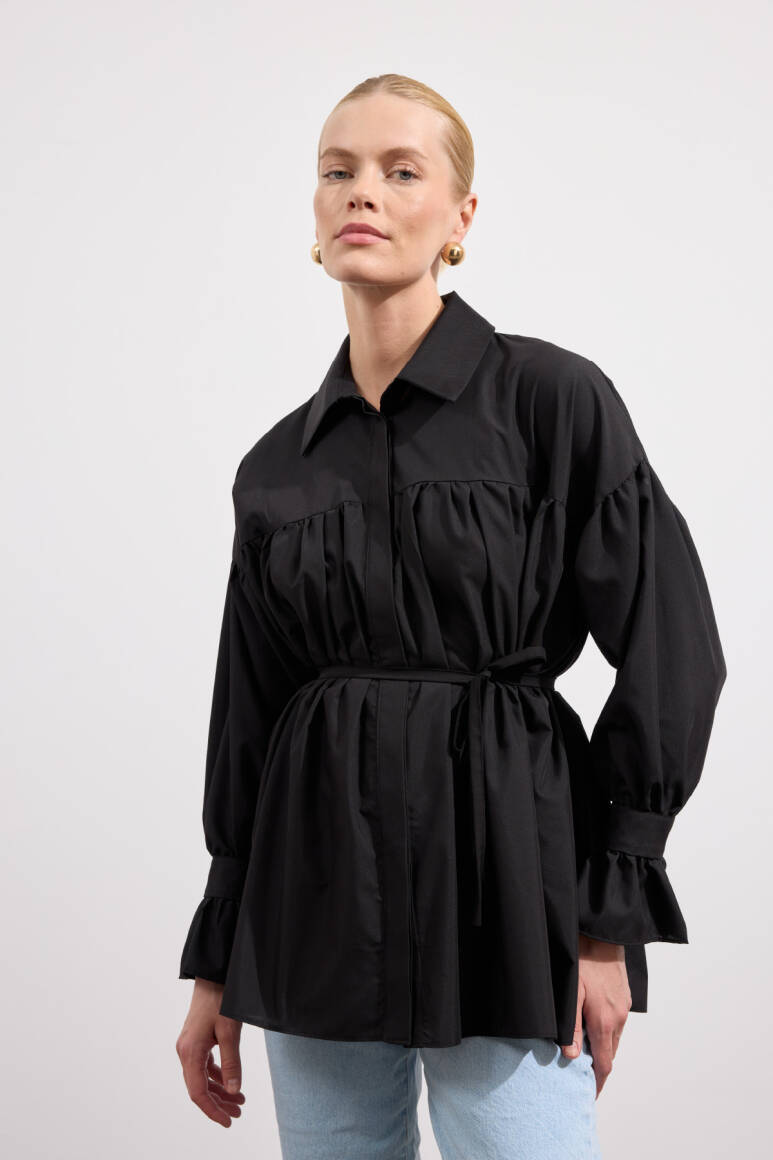 Büzgülü Poplin Gömlek Siyah - EMNORA