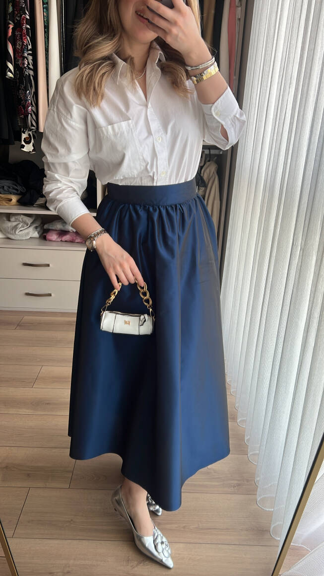 Büzgülü Premium Tafta Etek Lacivert - 6