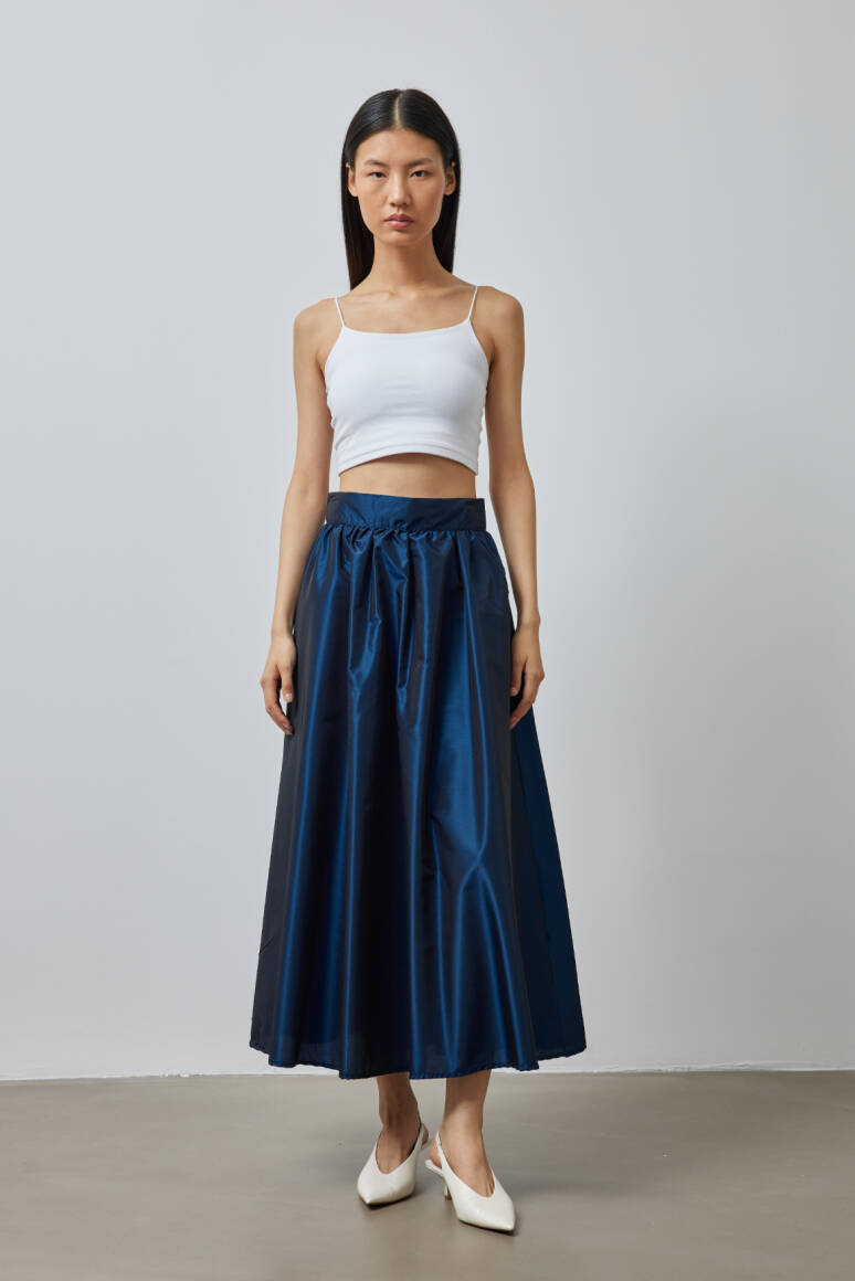 Büzgülü Premium Tafta Etek Lacivert - EMNORA
