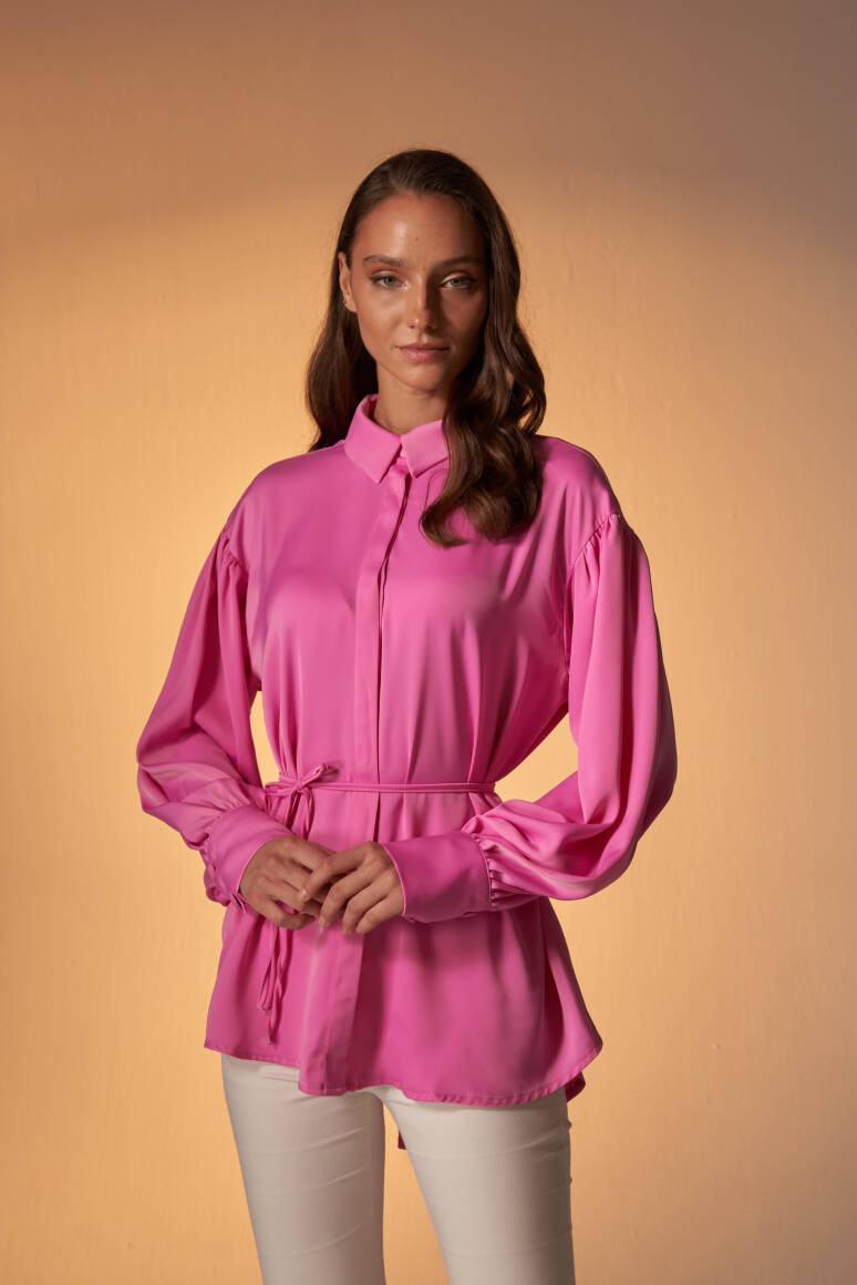 Büzgülü Saten Gömlek Pembe - EMNORA