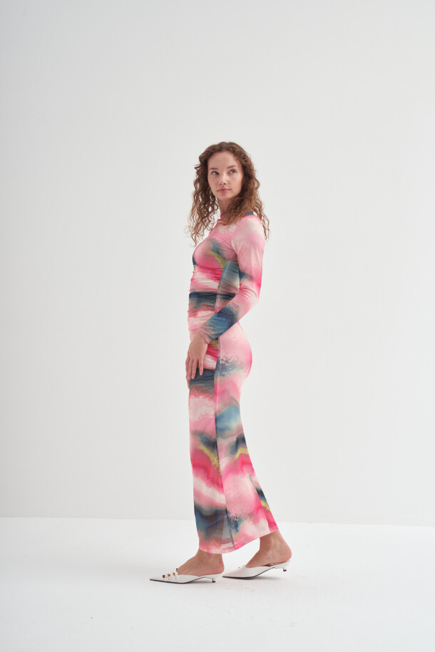 Büzgülü Tül Elbise Pembe - 5