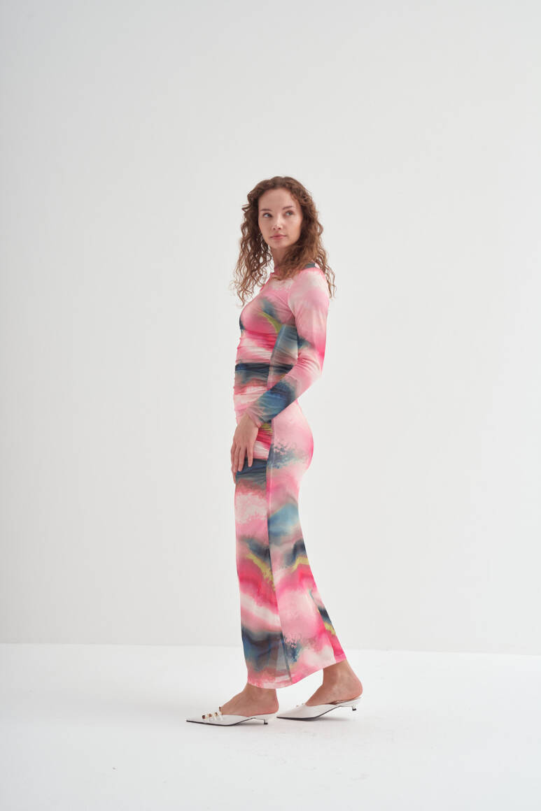 Büzgülü Tül Elbise Pembe - 5