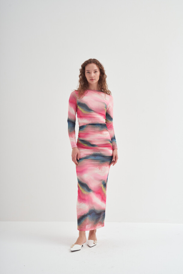Büzgülü Tül Elbise Pembe - 4