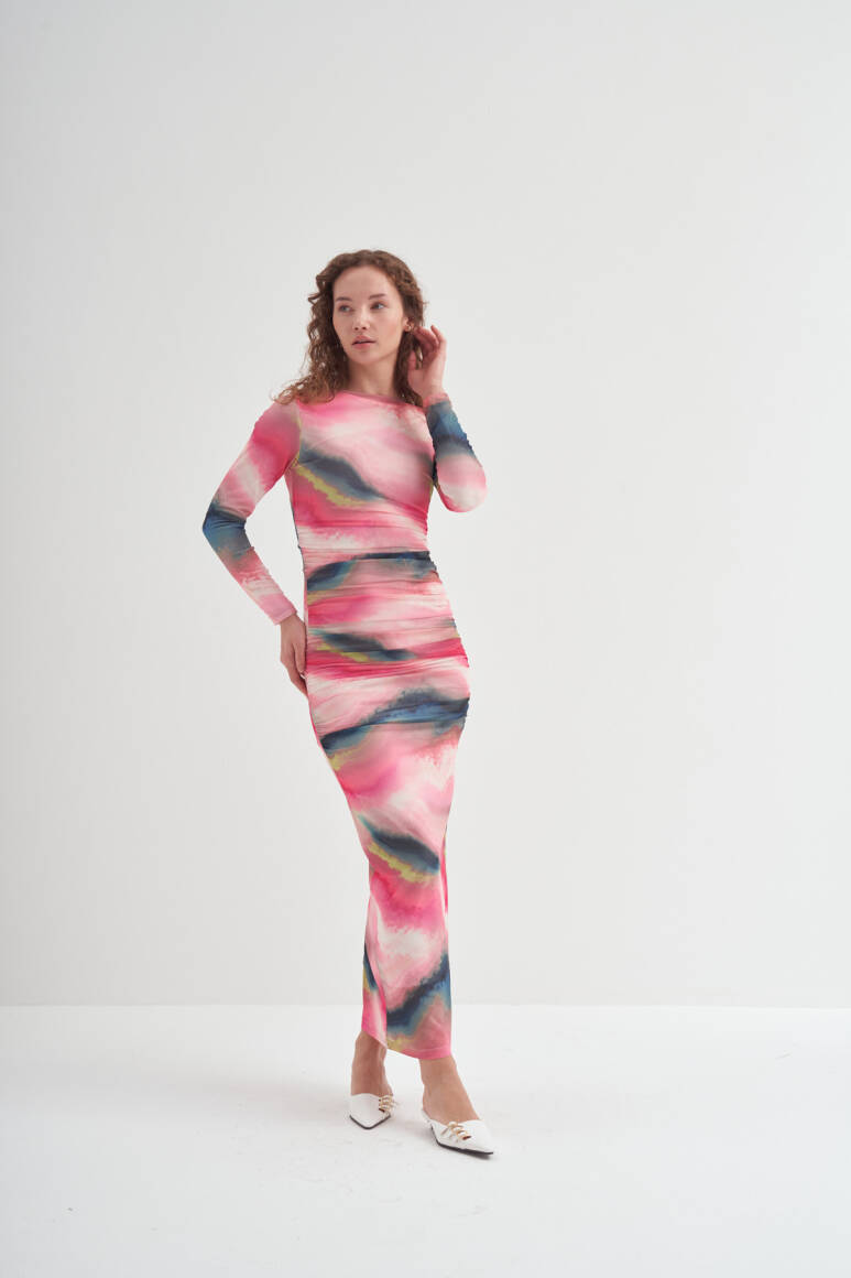 Büzgülü Tül Elbise Pembe - 3