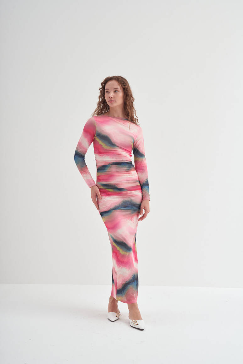 Büzgülü Tül Elbise Pembe - 2