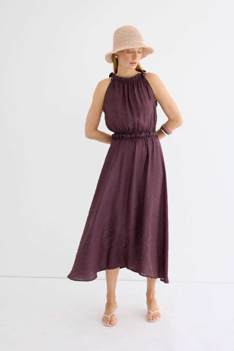 Büzgülü Yakası Ayarlamalı Elbise Burgonya - EMNORA