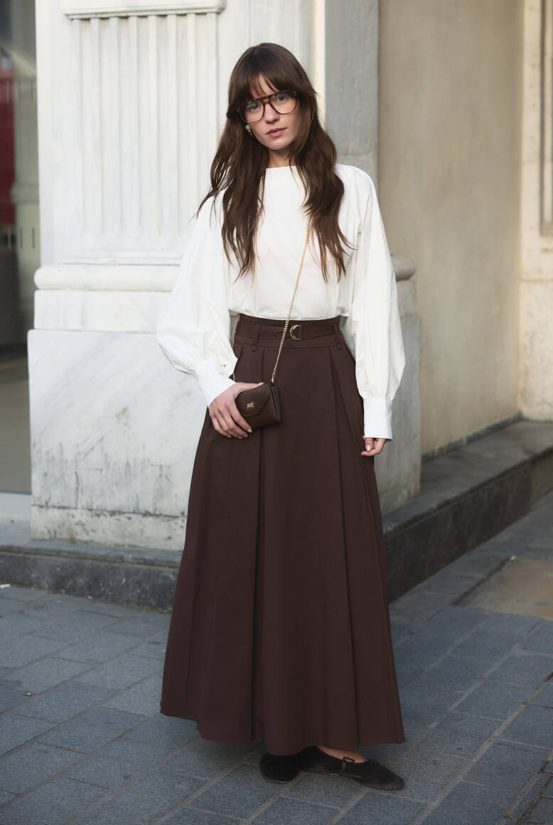 Çift Pile Kemerli Etek Acı Kahve - 1