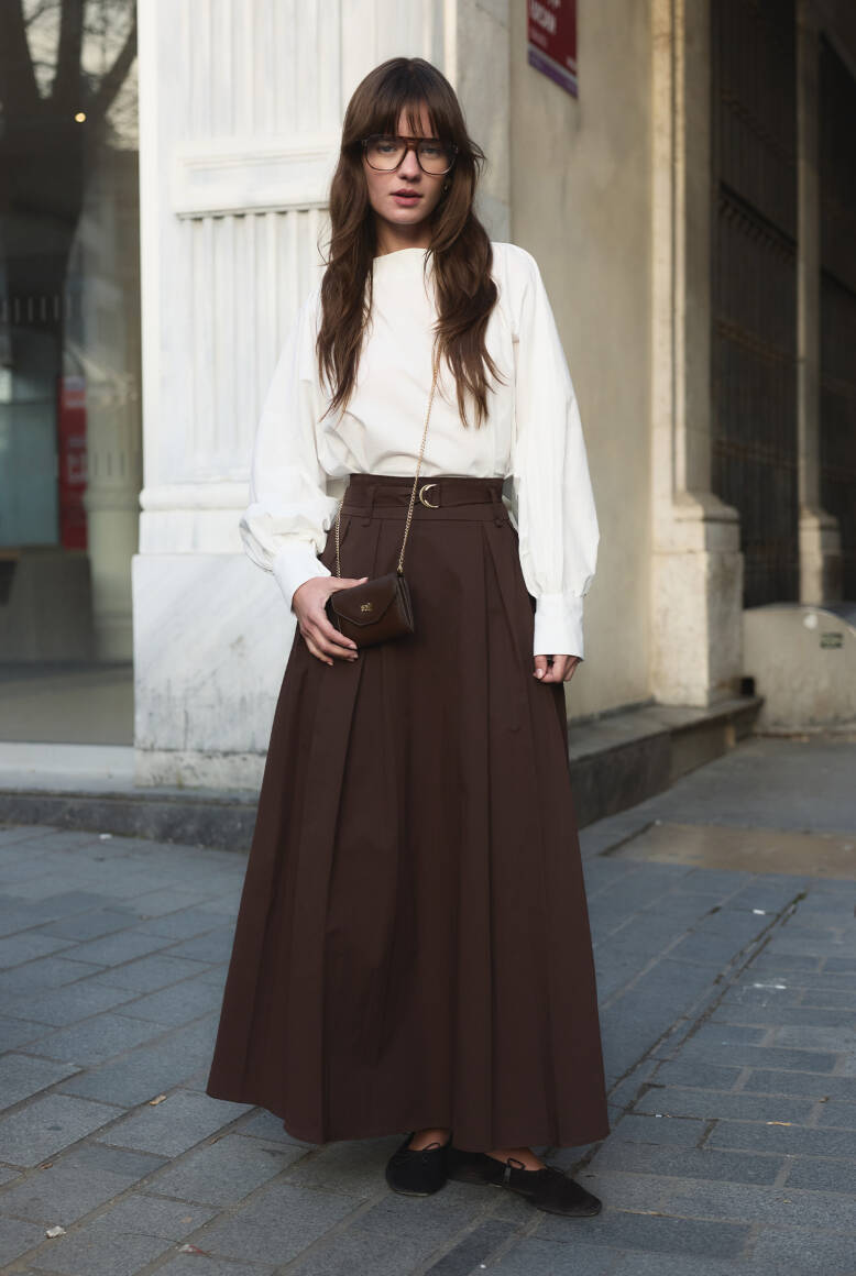 Çift Pile Kemerli Etek Acı Kahve - 6