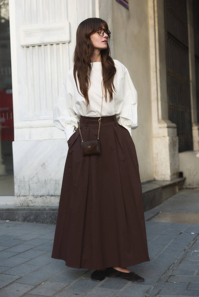 Çift Pile Kemerli Etek Acı Kahve - 2