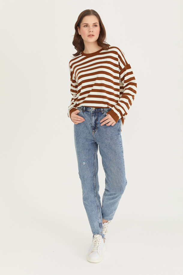 Çizgili İnce Triko Kazak Acı Kahve - EMNORA