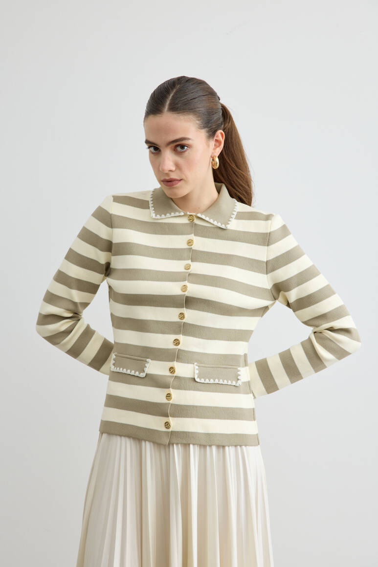 Çizgili Triko Hırka Taş - EMNORA