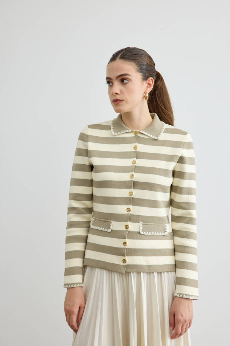 Çizgili Triko Hırka Taş - 4