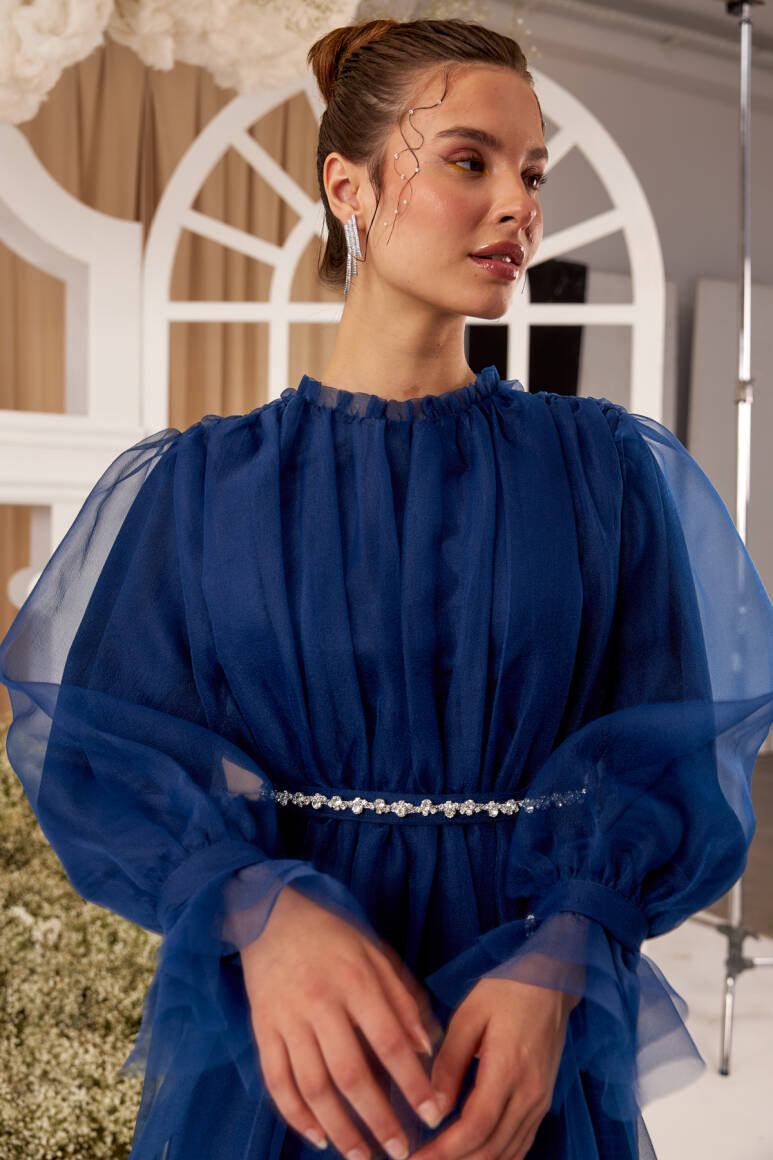 Clara Organze Abiye Elbise Gece Mavisi - 4