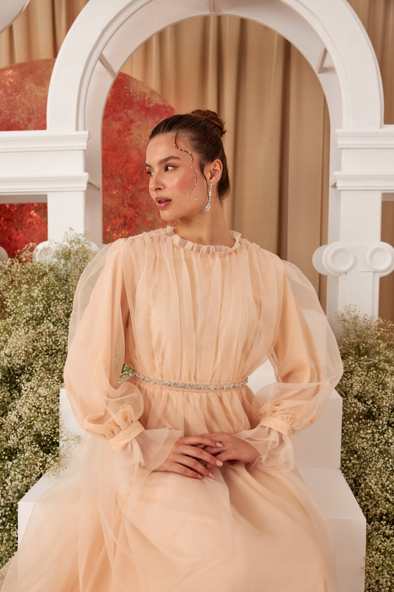 Clara Organze Abiye Elbise Soft Pudra - 5