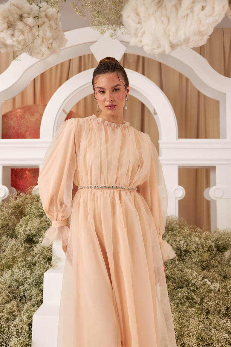 Clara Organze Abiye Elbise Soft Pudra - 3