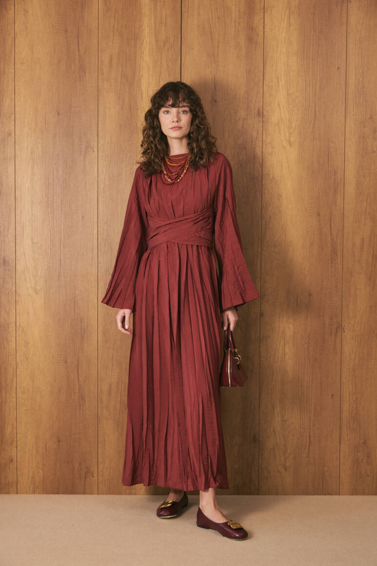 Crush Bel Detaylı Premium Elbise Bordo - EMNORA