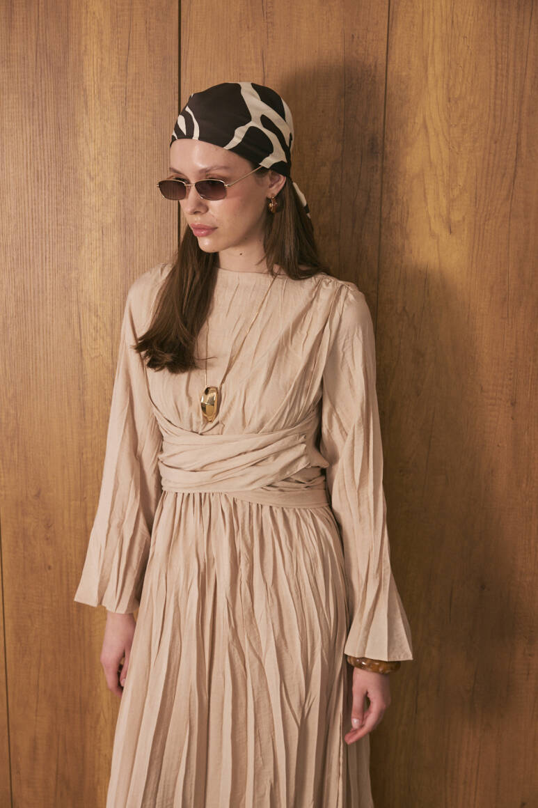 Crush Bel Detaylı Premium Elbise Vanilya - EMNORA