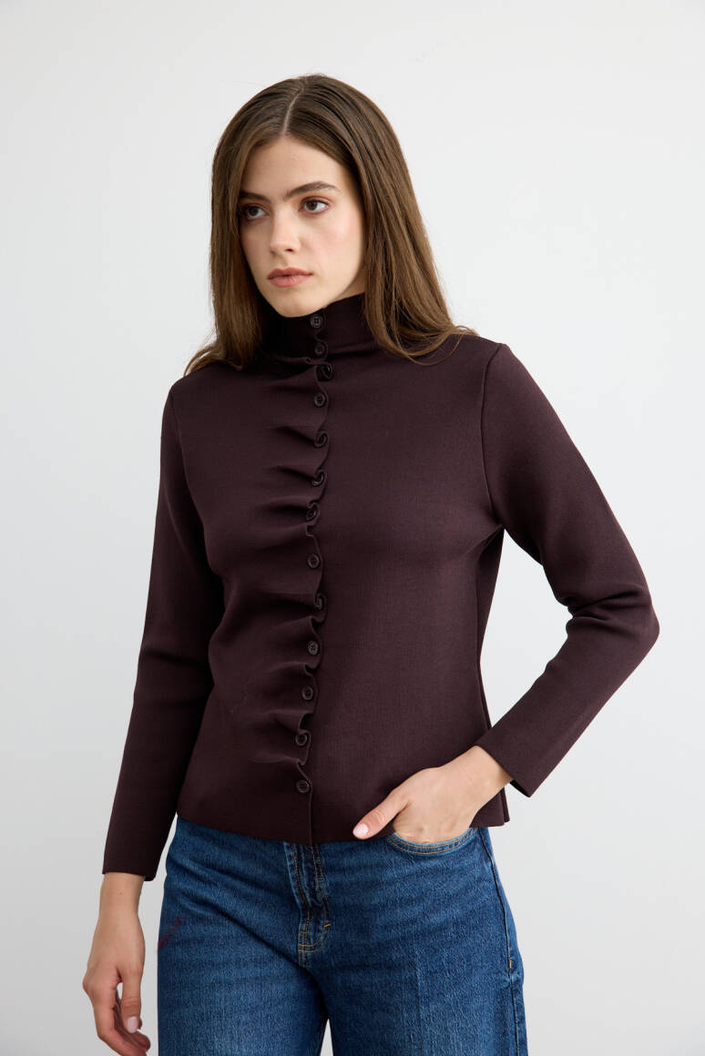 Dalgalı Triko Hırka Acı Kahve - EMNORA