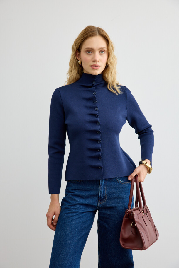 Dalgalı Triko Hırka Lacivert - EMNORA