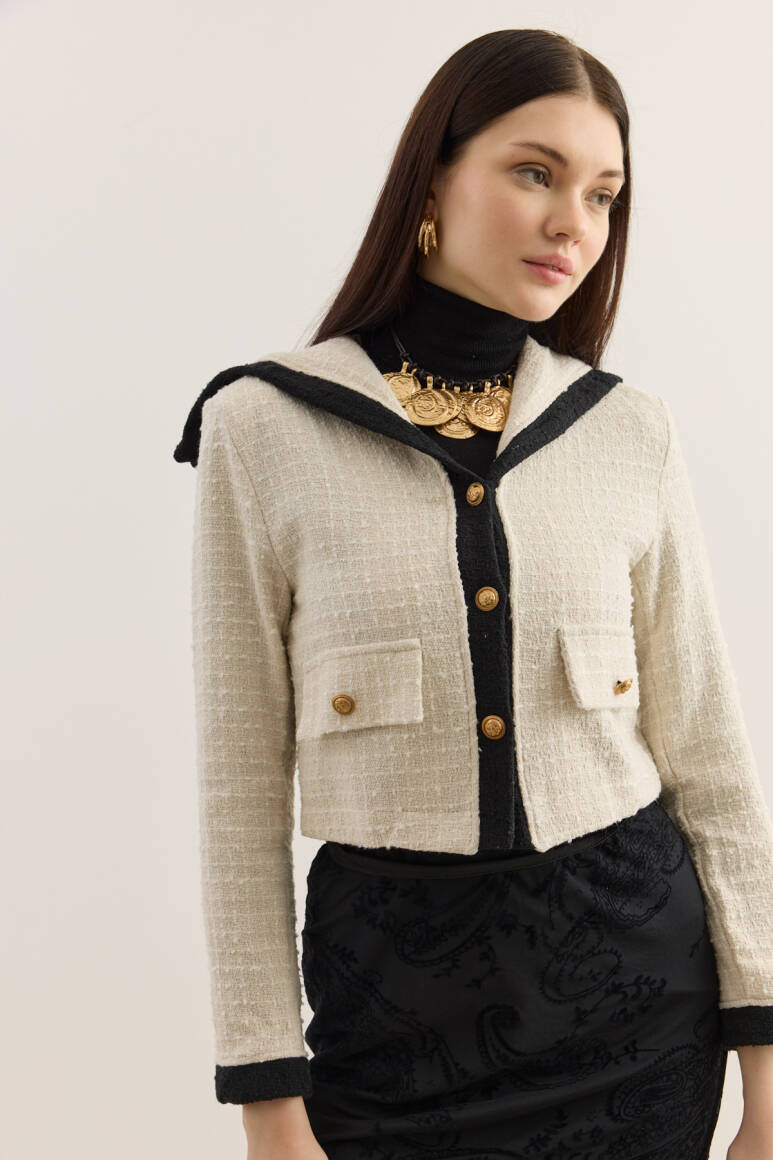 Denizci Yaka Tüvit Ceket Ekru - EMNORA