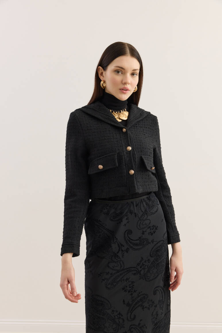 Denizci Yaka Tüvit Ceket Siyah - EMNORA