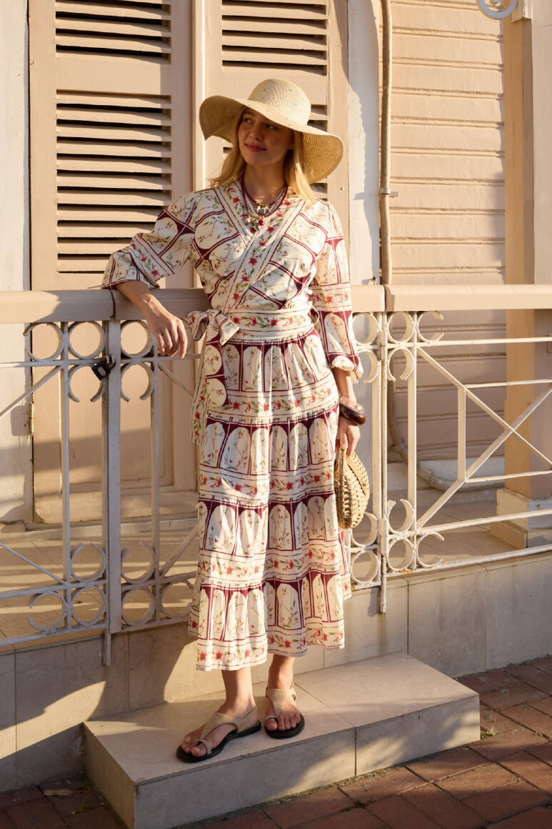 Desenli Kruvaze Etek Takım Bordo - EMNORA