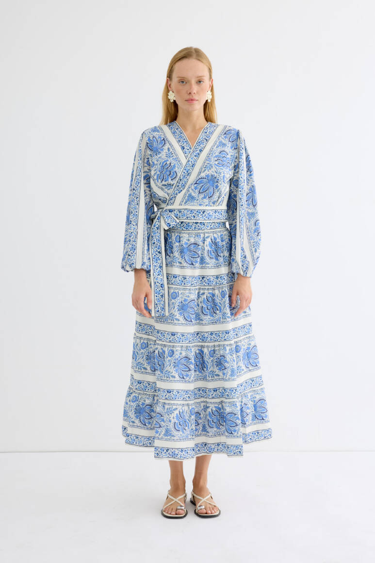 Desenli Kruvaze Etek Takım Mavi - EMNORA