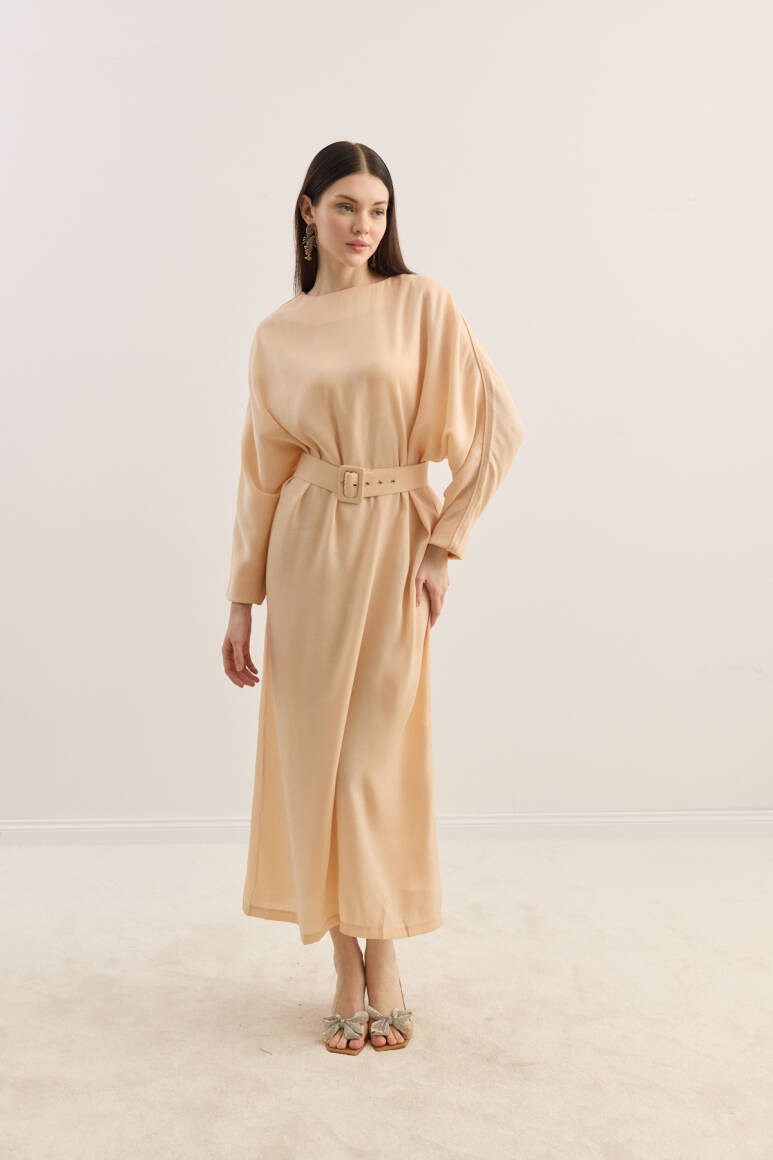 Diana Kemerli Elbise Pudra - EMNORA