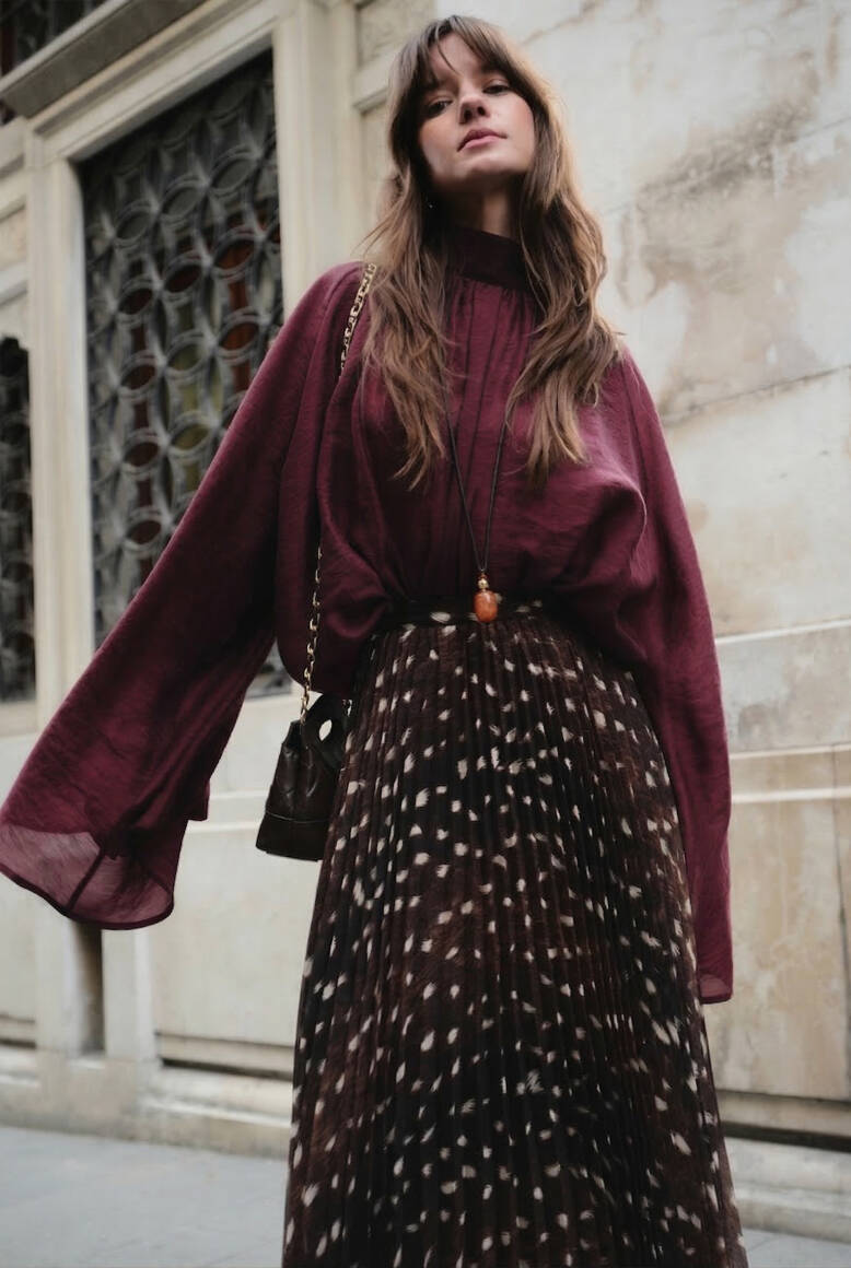 Dik Yaka Dökümlü Bluz Burgonya - 1