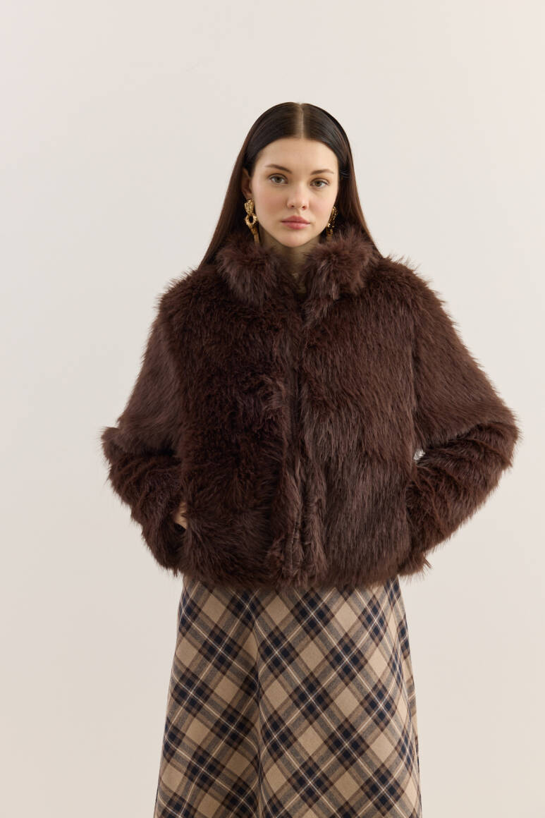 Dik Yakalı Premium Kürk Acı Kahve - 6