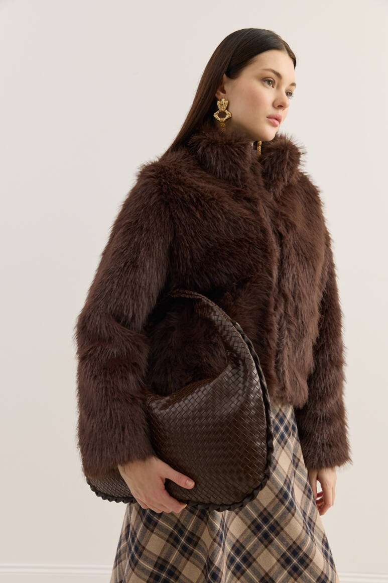 Dik Yakalı Premium Kürk Acı Kahve - 7