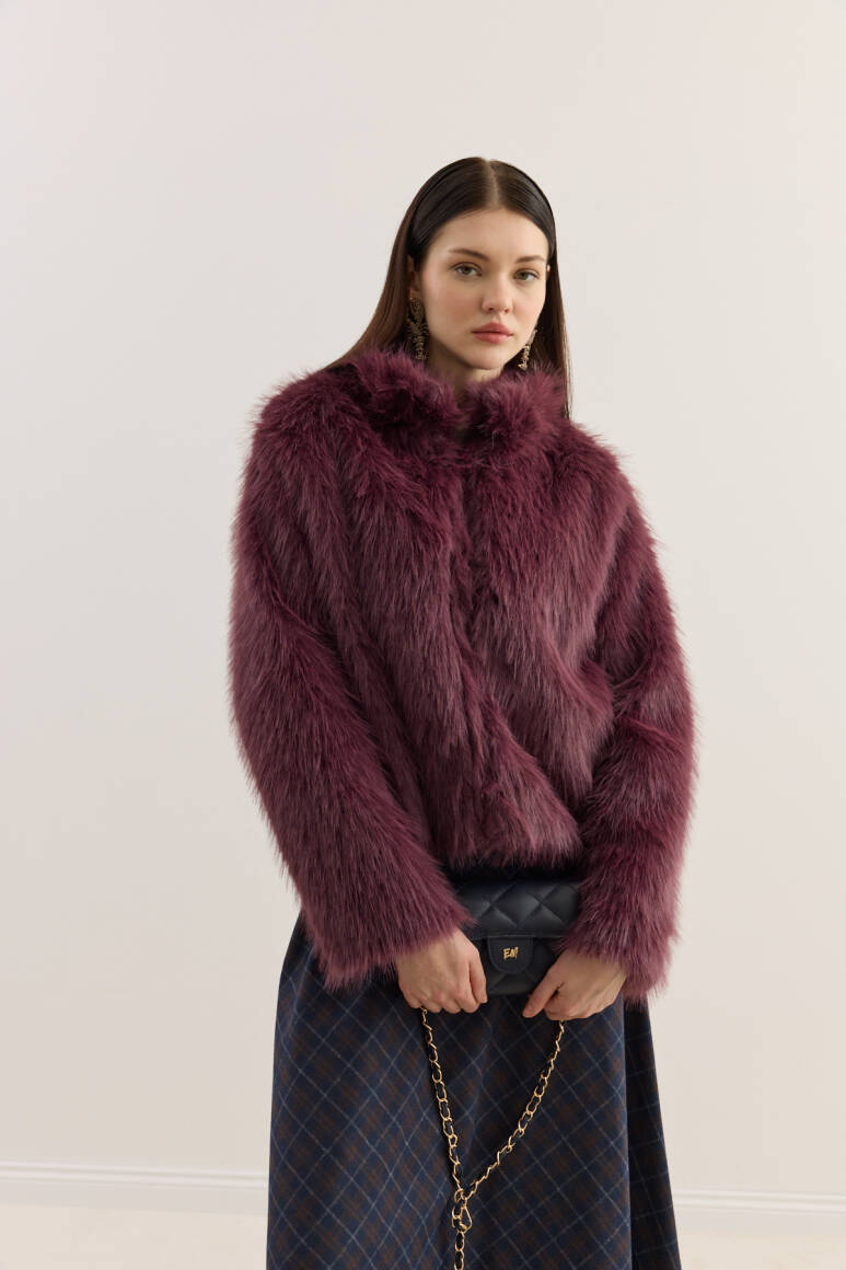 Dik Yakalı Premium Kürk Burgonya - EMNORA