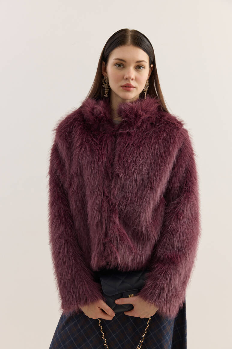 Dik Yakalı Premium Kürk Burgonya - 4