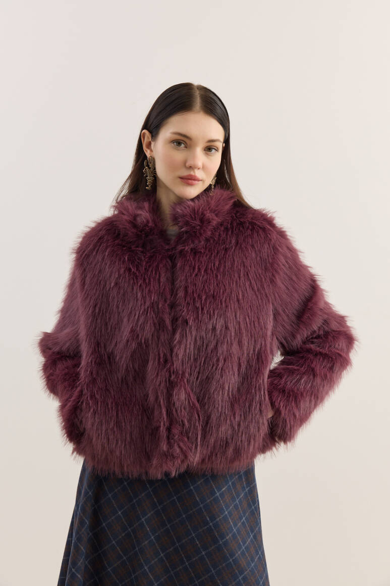 Dik Yakalı Premium Kürk Burgonya - 3